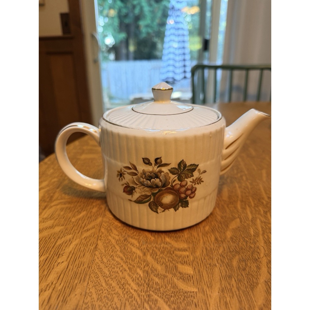 Ellgreave Wood & Sons England Ironstone Teapot Floral Gold Trim Vintage